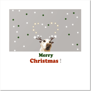 Merry Christmas Deer, dog, tan, green, red, holidays, snow, Xmas, Posters and Art